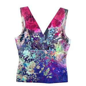 VTG Carina Floral Sleeveless Top BOHO Blouse V Neck Rhinestone Tank Stretch 10‎